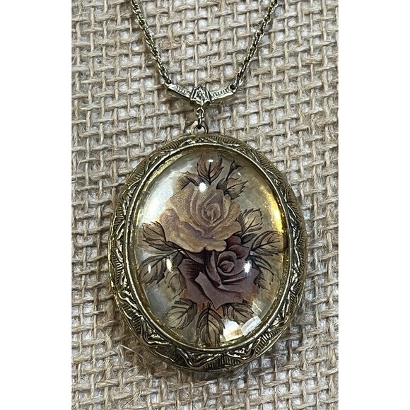 Vtg 1928 Brand Gold Tone Photo Filigree Rose Locket Necklace Pendant Chain 26in - Picture 3 of 12